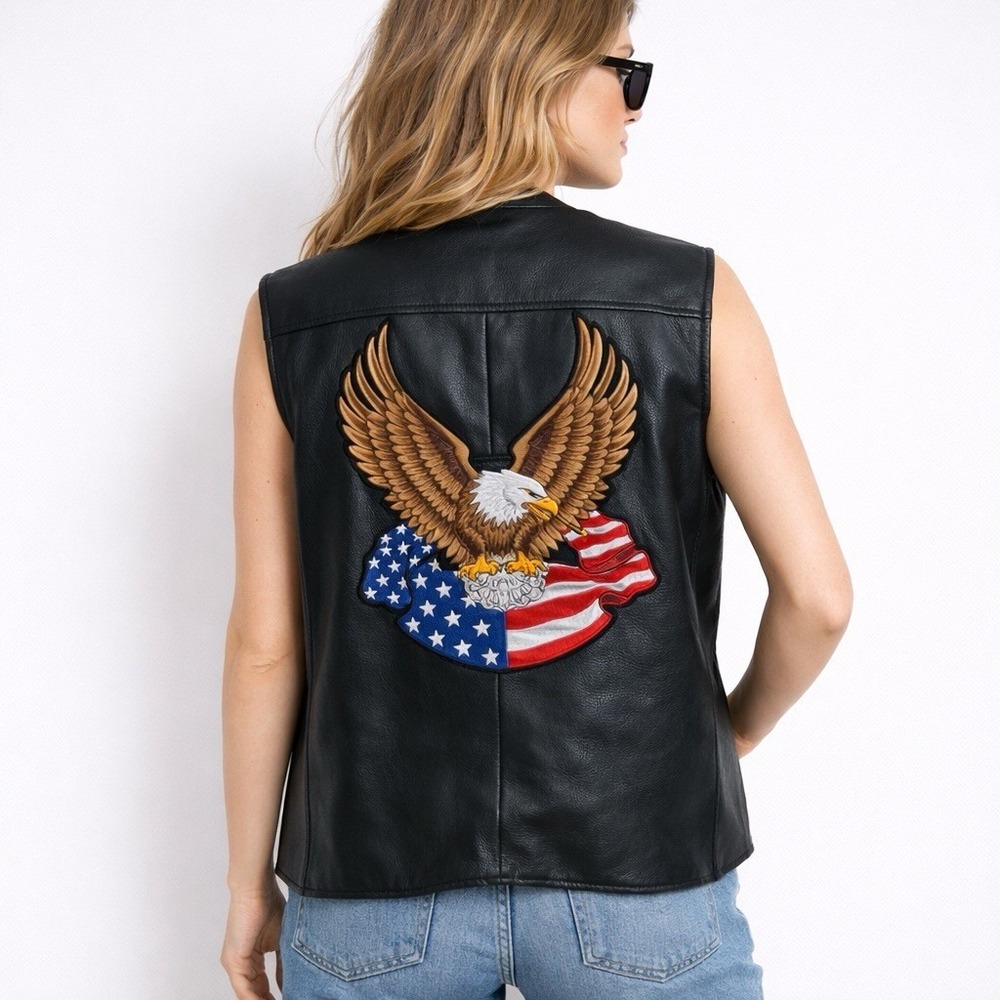 Harley-Davidson Leather Vest Eagle Back Patch Black Moto USA Size L‎